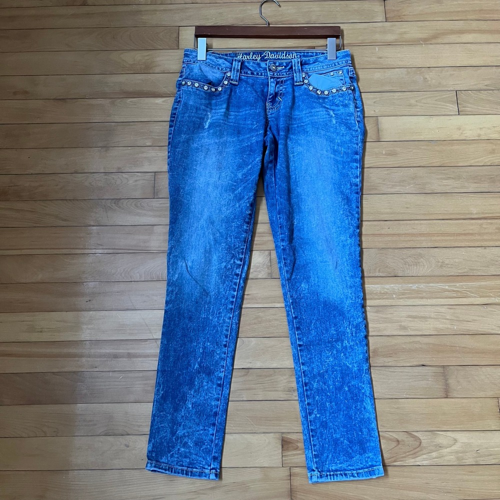 Harley Davidson Womens Blue Acid Wash Rhinestone Embellished Jeans Size 6